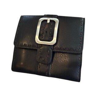 Cole Haan Black Pebble Leather Sliver Buckle Brown Stitch Wallet Credit Card ID